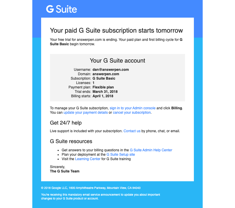 G Suite billing for answerpen.com starts tomorrow