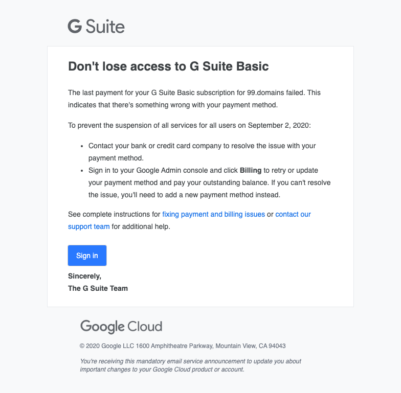 Payment failure: G Suite Basic for 99.domains