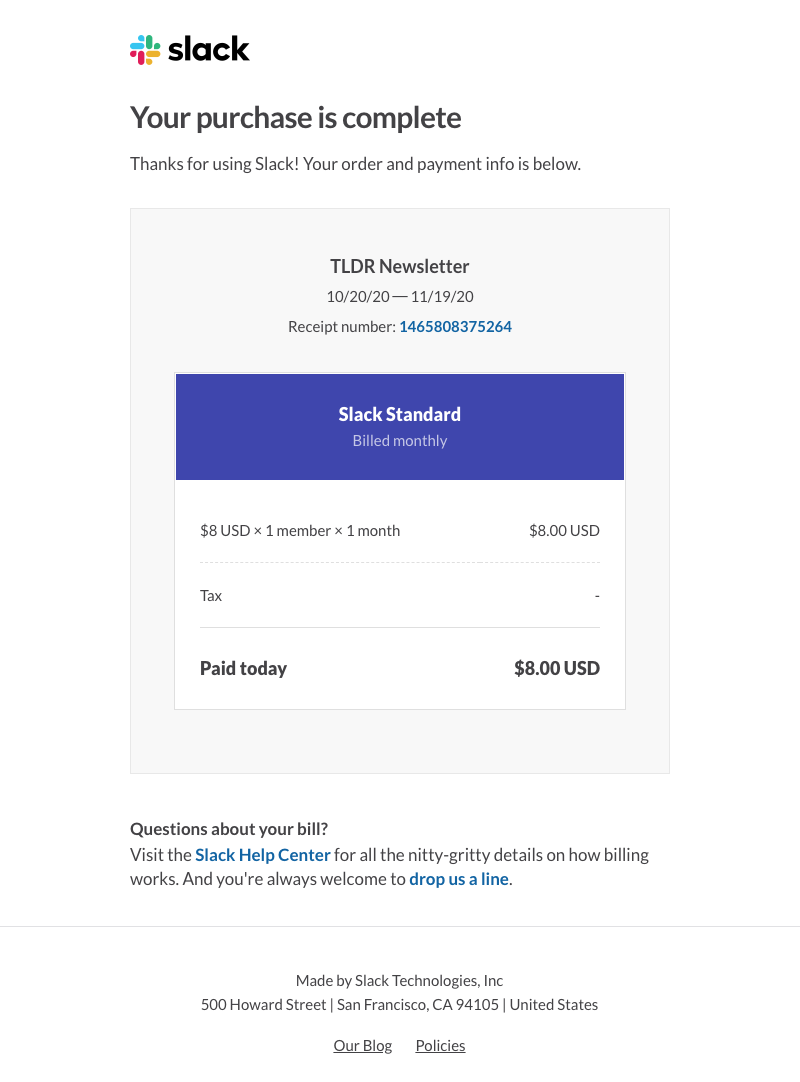[Slack] TLDR Newsletter: Your purchase is complete