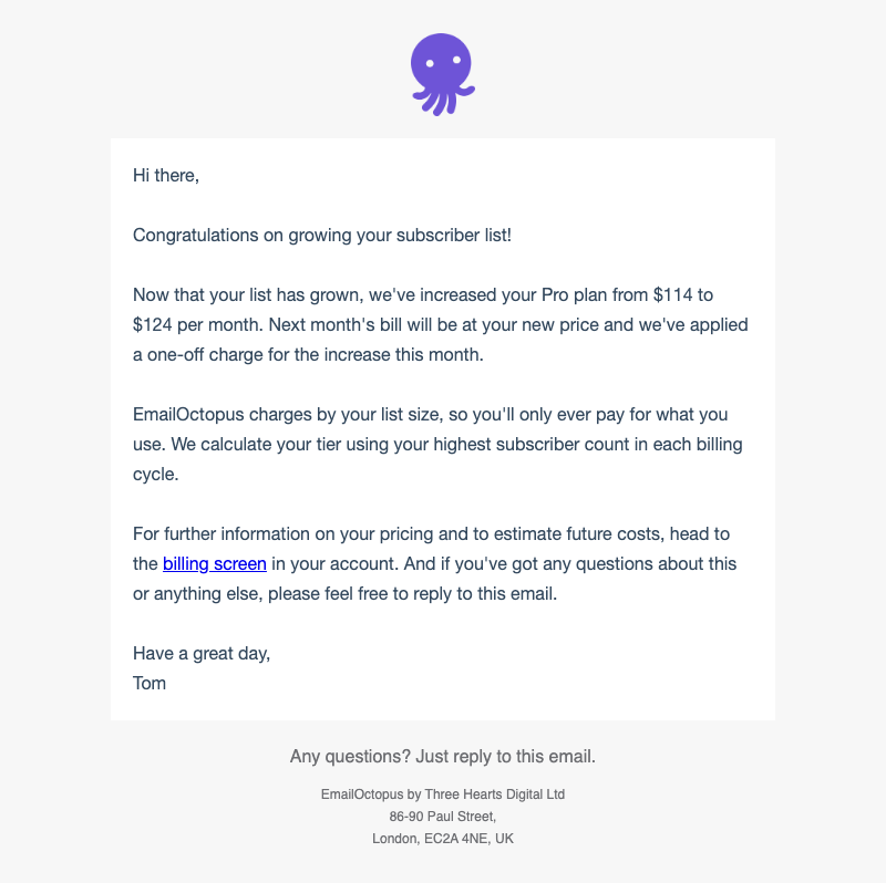 Your EmailOctopus plan was automatically upgraded