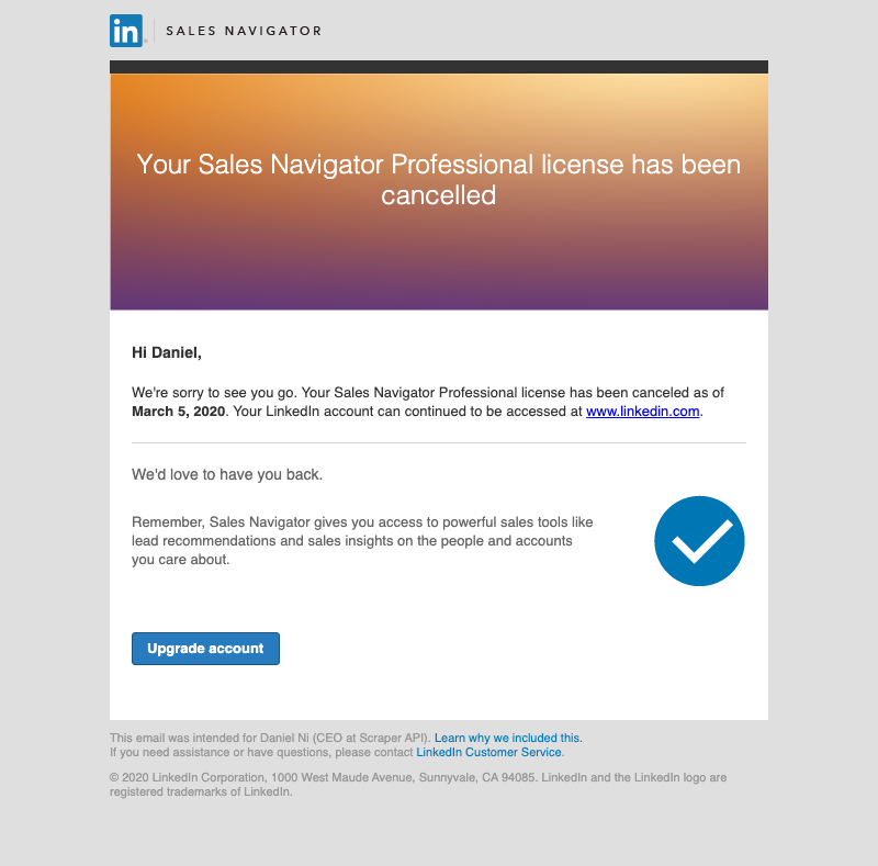 Your Sales Navigator Professional license has been cancelled.