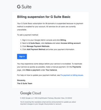ACTION REQUIRED: Update billing to reactivate G Suite Basic for 99.domains